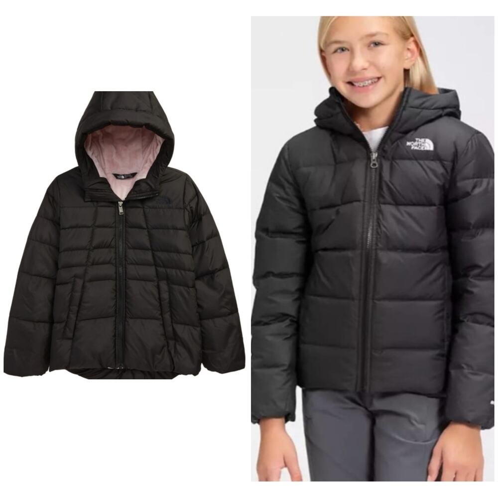 The North Face Moondoggy Girls Down Hoodie Puffy Jacket Size Black Cozy Size 7/8